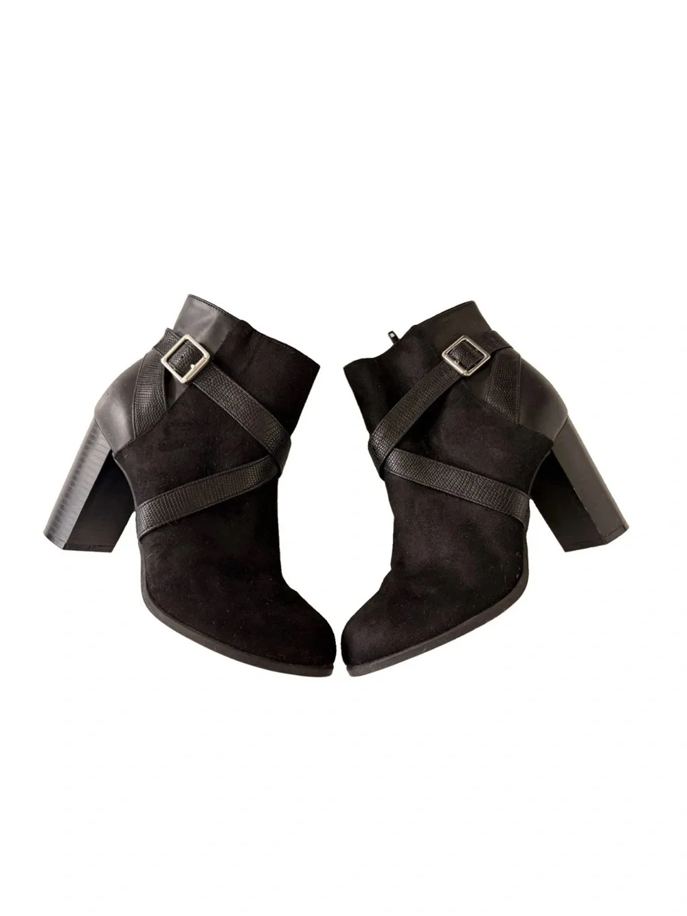 Christian Siriano Black Suede & Leather Ankle Bootie Snake-Textured Buckle 8